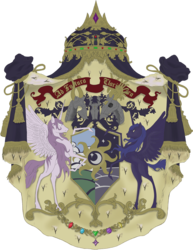 Size: 2000x2596 | Tagged: safe, artist:whatthescoots, princess celestia, princess luna, alicorn, pony, g4, coat of arms, contrast, crest, female, heraldry, high res, mare, motto, simple background, supporters, transparent background