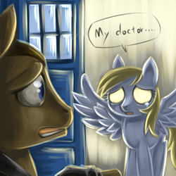 Size: 1000x1000 | Tagged: safe, artist:bunina, derpy hooves, doctor whooves, time turner, earth pony, pegasus, pony, g4, crying, doctor who, duo, female, glowing eyes, male, mare, ninth doctor, rose tyler, ship:doctorderpy, shipping, straight, tardis, the doctor