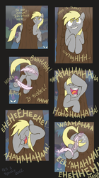Size: 889x1589 | Tagged: safe, artist:fr-13, derpy hooves, pegasus, pony, g4, bubble butt, butt, buttstuck, comic, feather, feathered wonder hoofs, female, hoof tickling, hooves, implied twilight sparkle, laughing, mare, plot, stuck, stuck between trees, tickling, tree