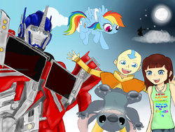 Size: 900x675 | Tagged: safe, rainbow dash, g4, aang, avatar the last airbender, crossover, how to train your dragon, lilo and stitch, optimus prime, stitch, toothless the dragon, transformers, transformers prime