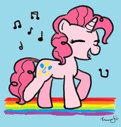 Size: 874x915 | Tagged: artist needed, safe, pinkie pie, pony, unicorn, pink fluffy unicorns dancing on rainbows, g4, eyes closed, female, mare, music notes, open mouth, race swap, rainbow, unicorn pinkie pie