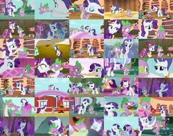 Size: 3197x2520 | Tagged: safe, edit, edited screencap, screencap, rarity, spike, dragon, pony, unicorn, a dog and pony show, g4, secret of my excess, collage, female, high res, horn, interspecies, kissing, male, otp, ship:sparity, shipping, straight