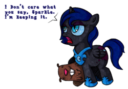 Size: 1378x964 | Tagged: safe, artist:darkone10, nightmare moon, beaver, pony, g4, crossover, cute, filly, gravity falls, legend of the gobblewonker, male, nightmare woon, simple background, transparent background, tumblr:asktwilyandwoon