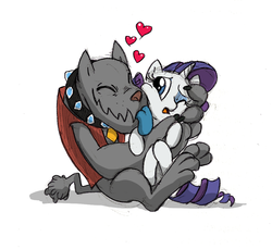 Size: 1000x916 | Tagged: safe, artist:mickeymonster, rarity, rover, diamond dog, g4, :p, cute, eyes closed, female, frown, heart, hug, licking, male, nuzzling, open mouth, rovarity, shipping, sitting, smiling, squishy cheeks, straight, tongue out, wink