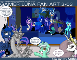 Size: 1000x774 | Tagged: safe, artist:johnjoseco, derpy hooves, discord, princess cadance, princess celestia, princess luna, twilight sparkle, alicorn, pony, ask princess molestia, gamer luna, g4, discord statue, invader zim