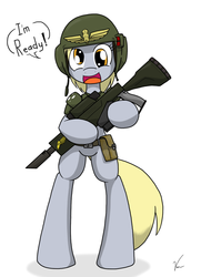 Size: 652x900 | Tagged: safe, artist:sandwich-anomaly, derpy hooves, pony, semi-anthro, g4, bipedal, crossover, female, happy, imperial guard, lasgun, solo, warhammer (game), warhammer 40k