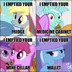Size: 666x666 | Tagged: safe, edit, edited screencap, screencap, amethyst star, berry punch, berryshine, blossomforth, carrot top, cherry berry, derpy hooves, golden harvest, lyra heartstrings, sparkler, trixie, pegasus, pony, boast busters, g4, hurricane fluttershy, season 1, season 2, winter wrap up, caption, collage, cropped, female, hat, i emptied your fridge, i found pills, irrational exuberance, looking at you, mare, meme, text, that pony sure does love alcohol, trixie's hat