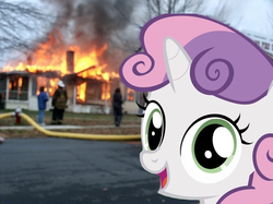 Size: 615x461 | Tagged: safe, sweetie belle, pony, g4, arson, disaster girl, fire, irl, meme, photo, ponies in real life, pyro belle, selfie, vector