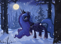 Size: 1000x727 | Tagged: safe, artist:spainfischer, princess luna, alicorn, pony, g4, female, forest, moon, slender, snow, snowfall, solo, thin, tower, tree, winter