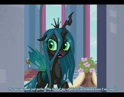 Size: 900x702 | Tagged: safe, artist:antych, artist:nexnox, queen chrysalis, changeling, changeling queen, a canterlot wedding, g4, caption, crown, fake, fake screencap, female, jewelry, letterboxing, lyrics, regalia, scene interpretation, solo, song, text, this day aria