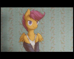 Size: 1380x1100 | Tagged: safe, artist:lonelycross, scootaloo, pony, g4, bipedal, clothes, crossover