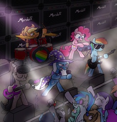 Size: 1471x1532 | Tagged: safe, artist:paper-pony, applejack, dj pon-3, lyra heartstrings, octavia melody, pinkie pie, rainbow dash, rarity, trixie, vinyl scratch, pony, g4, bipedal, concert, drums, guitar, keyboard, microphone, music, musical instrument, stage, sunglasses