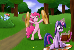 Size: 1099x741 | Tagged: safe, artist:paper-pony, pinkie pie, rainbow dash, twilight sparkle, g4, book, cymbals, incoming prank, laughing, musical instrument, prank, this will end in tears