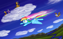 Size: 1280x800 | Tagged: safe, artist:paper-pony, gilda, rainbow dash, oc, griffon, g4, cloud, cloudy, happy, race, smiling