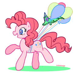 Size: 488x472 | Tagged: safe, artist:fyrebeam, gummy, pinkie pie, alligator, earth pony, pony, g4, balloon, female, happy, hat, mare, party hat, simple background, transparent background