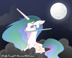 Size: 1600x1286 | Tagged: safe, artist:wolfsknight, princess celestia, alicorn, pony, g4, cloud, cloudy, flute, moon, musical instrument, night