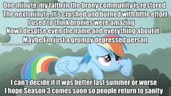 Size: 960x540 | Tagged: safe, edit, edited screencap, screencap, rainbow dash, pony, g4, my little pony: friendship is magic, season 3, brony, female, image macro, meta, sad, solo, text