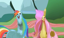 Size: 850x504 | Tagged: safe, edit, fluttershy, rainbow dash, alpaca, g4, may the best pet win, my little pony: friendship is magic, faic, tiny heads, what has science done