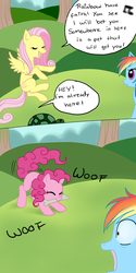 Size: 1111x2222 | Tagged: safe, artist:jacky-bunny, fluttershy, pinkie pie, rainbow dash, g4, may the best pet win, behaving like a dog, comic, pet play, pinkie being pinkie, puppy pie, roleplaying, scene interpretation