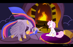 Size: 2500x1600 | Tagged: dead source, safe, artist:dotrock, artist:dotrook, princess celestia, twilight sparkle, alicorn, pony, fanfic:sunset, g4, bowing, duo, ethereal mane, fanfic art, female, filly, fire, fireplace, mare, race swap, role reversal, sunset, twilight sparkle (alicorn), ultimate twilight