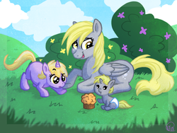 Size: 640x480 | Tagged: safe, derpy hooves, dinky hooves, dipsy hooves, pegasus, pony, g4, baby, big sister dinky, diaper, female, foal, mare, muffin