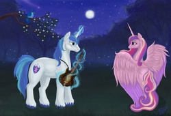 Size: 3264x2213 | Tagged: safe, artist:l-jare, princess cadance, shining armor, alicorn, pony, unicorn, g4, duo, female, guitar, high res, male, mare, night, stallion