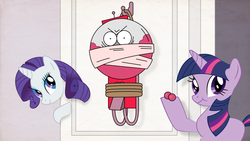 Size: 900x509 | Tagged: safe, artist:thefightingmongooses, rarity, twilight sparkle, g4, angry, benson, bondage, crossover, gag, male, regular show, tied up, unsexy bondage