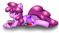 Size: 3500x2000 | Tagged: safe, artist:goldenmercurydragon, berry punch, berryshine, earth pony, pony, g4, alcohol, chest fluff, drink, female, glass, high res, lidded eyes, looking at you, mare, prone, simple background, solo, transparent background, wine, wine glass