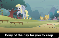 Size: 1024x672 | Tagged: safe, derpy hooves, pegasus, pony, g4, caption, cs captions, female, mare, ponyville, solo