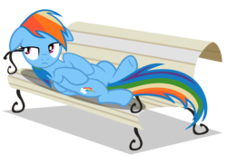 Size: 2000x1372 | Tagged: dead source, safe, artist:clitical-hit, rainbow dash, pony, g4, lesson zero, bench, eyeroll, female, floppy ears, lying down, on back, simple background, solo, transparent background, vector