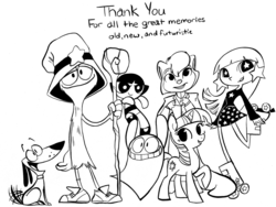 Size: 1024x771 | Tagged: source needed, safe, artist:php27, twilight sparkle, alien, cat, dog, human, pony, unicorn, anthro, g4, anthro with ponies, black and white, bloo (foster's), blooregard q kazoo, buttercup (powerpuff girls), cats don't dance, crossover, crossover nexus, first wander over yonder picture on derpibooru, foster's home for imaginary friends, grayscale, horn, imaginary friend, male, milky way and the galaxy girls, monochrome, roller skates, sawyer (cats don't dance), simple background, the powerpuff girls, two stupid dogs, unicorn twilight, wander (wander over yonder), wander over yonder, white background