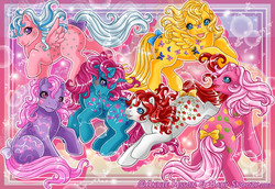 Size: 870x598 | Tagged: safe, artist:anniemsson, baby dancing butterflies, baby love melody, baby milky way, baby sugarberry, baby sweet tooth, baby up up and away, earth pony, pegasus, pony, unicorn, g1, 2007, blushing, bokeh, bow, commission, commissioner:baby snoozy, female, filly, flying, foal, group, horn, not pinkie pie (g3), open mouth, open smile, raised hoof, running, sextet, sitting, smiling, tail, tail bow, twice as fancy ponies