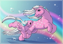 Size: 793x558 | Tagged: safe, artist:solkatt, baby milky way, milky way, pegasus, pony, unicorn, g1, 2012, blue background, bubble, duo, duo female, female, filly, foal, horn, leaping, looking at each other, looking at someone, mare, mother and child, mother and daughter, rainbow, simple background, sparkles, twice as fancy ponies