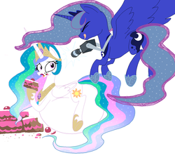 Size: 1239x1167 | Tagged: artist needed, safe, princess celestia, princess luna, g4, belly, cake, cakelestia, camera, chubbylestia, fat, impossibly large belly, stuffed, stuffing