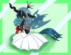 Size: 900x700 | Tagged: safe, artist:namazunn, queen chrysalis, changeling, changeling queen, g4, blushing, clothes, crown, cute, cutealis, dress, female, flower, jewelry, pixiv, regalia, solo, wedding dress