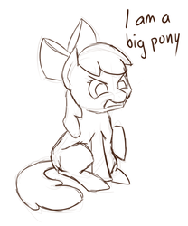 Size: 500x600 | Tagged: safe, apple bloom, earth pony, pony, g4, angry, chubby, chubby bloom, dialogue, female, filly, lineart, monochrome, pun, simple background, solo, visual pun, white background