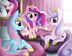 Size: 2700x2100 | Tagged: safe, artist:steffy-beff, princess cadance, shining armor, oc, oc:princess amber, oc:princess tiffany, alicorn, pony, g4, alicorn oc, female, high res, hoof hold, levitation, magic, mare, princess, sitting, smiling, tea, tea party, telekinesis