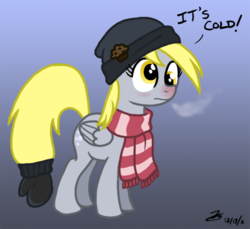 Size: 530x485 | Tagged: safe, artist:zicygomar, derpy hooves, pegasus, pony, g4, beanie, clothes, cold, female, gradient background, hat, mittens, scarf, solo