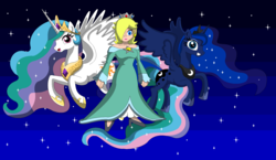 Size: 1900x1100 | Tagged: safe, artist:koopa-master, princess celestia, princess luna, alicorn, human, g4, crossover, floating, flying, galaxy, looking at you, princess rosalina, rosalina, space, stars, super mario bros., super mario galaxy