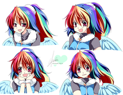 Size: 800x618 | Tagged: safe, artist:sakuranoruu, rainbow dash, human, g4, alternate hairstyle, anime, bust, cute, dashabetes, female, high ponytail, humanized, long hair, moe, open mouth, ponytail, simple background, solo, white background, winged humanization