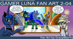 Size: 1100x592 | Tagged: safe, artist:crazymacyo, artist:johnjoseco, derpy hooves, princess luna, pegasus, pony, ask princess molestia, gamer luna, g4, female, mare, ratchet and clank