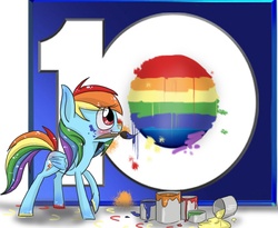 Size: 1100x900 | Tagged: safe, artist:silbersternenlicht, rainbow dash, pegasus, pony, g4, female, mare, mouth hold, paint can, paintbrush, painting, raised hoof, smiling, solo