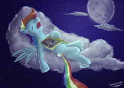 Size: 1052x744 | Tagged: safe, artist:gaiascope, daring do, rainbow dash, g4, book, cloud, cloudy, night, sleeping