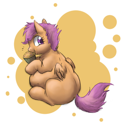 Size: 600x587 | Tagged: safe, artist:redintravenous, scootaloo, pegasus, pony, g4, belly, big belly, blank flank, chubby, cupcake, fat, female, filly, looking at you, mouth hold, scootalard, simple background, sitting, stuffed, weight gain sequence