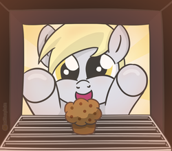 Size: 1276x1124 | Tagged: safe, artist:muffinexplosion, derpy hooves, pegasus, pony, g4, female, mare, muffin, oven, solo