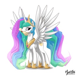 Size: 1032x1032 | Tagged: safe, artist:mysticalpha, princess celestia, pony, g4, female, mouth hold, scroll, solo, spread wings