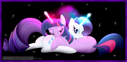 Size: 8000x3900 | Tagged: safe, artist:haltie, rarity, twilight sparkle, g4, absurd resolution, blushing, female, lesbian, magic, ship:rarilight, shipping