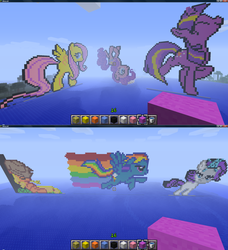 Size: 1920x2102 | Tagged: safe, applejack, fluttershy, pinkie pie, rainbow dash, rarity, twilight sparkle, earth pony, pegasus, pony, unicorn, g4, alternate hair color, female, filly rarity, game screencap, mane six, mare, minecraft, minecraft pixel art, pixel art, rainbow trail, sleeping, speed trail, unicorn twilight