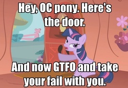 Size: 500x346 | Tagged: safe, edit, edited screencap, screencap, twilight sparkle, g4, caption, fail, gtfo, image macro, reaction image