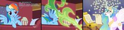 Size: 1080x264 | Tagged: dead source, safe, artist:dieoberuser, edit, edited screencap, screencap, princess celestia, rainbow dash, alicorn, pegasus, pony, g4, over a barrel, comic, cropped, female, fire, fire breath, food, implied spike, mare, popcorn